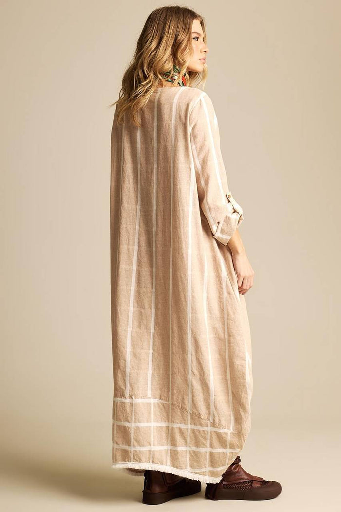 Vestido Longo De Linho Bege Listrado Yacamim C7