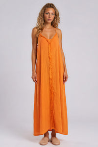 Vestido Longo De Alças Reguláveis Com Franjinhas Laranja Yacamim E11