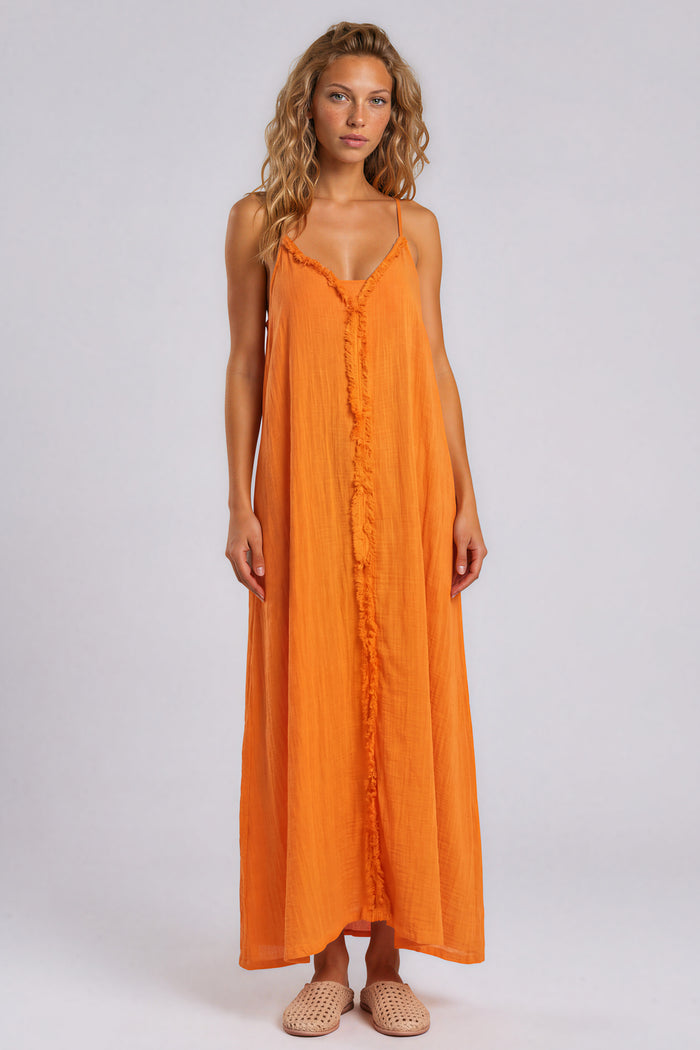Vestido Longo De Alças Reguláveis Com Franjinhas Laranja Yacamim E11