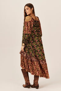 Vestido Midi Amplo Verde E Marrom Patchwork Yacamim C28