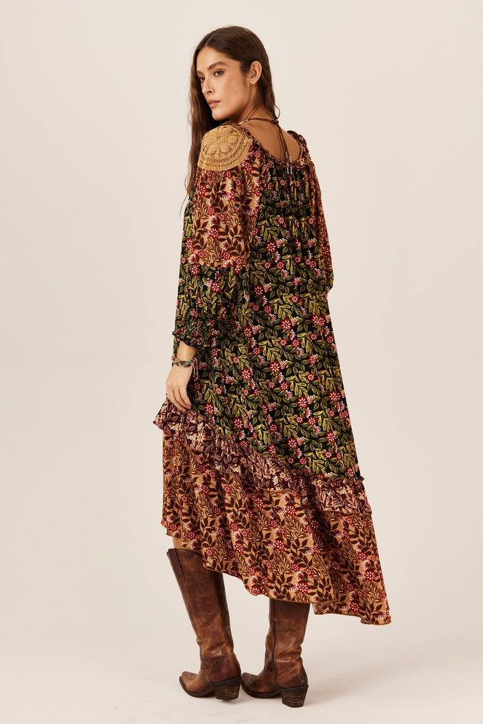 Vestido Midi Amplo Verde E Marrom Patchwork Yacamim C28