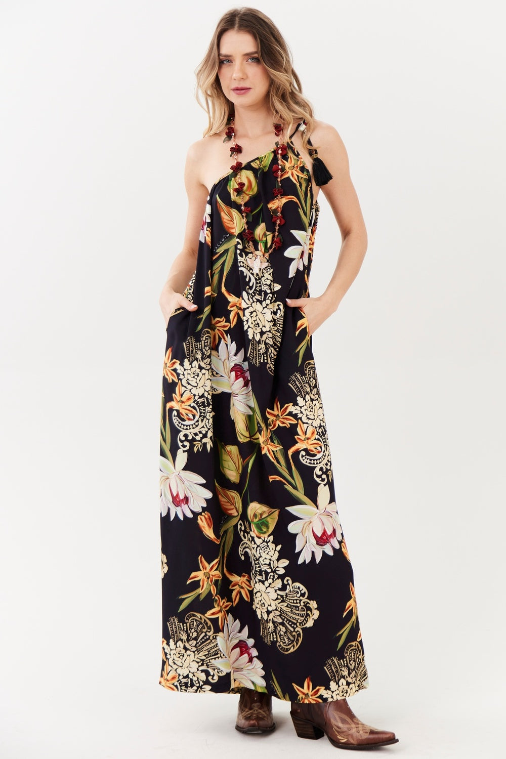 Vestido Longo Frente Única Preto Estampado Yacamim E20