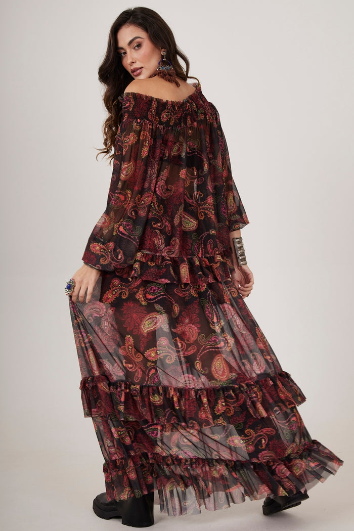 Saia Longa De Tule Preta Estampa Cashmere Yacamim A11