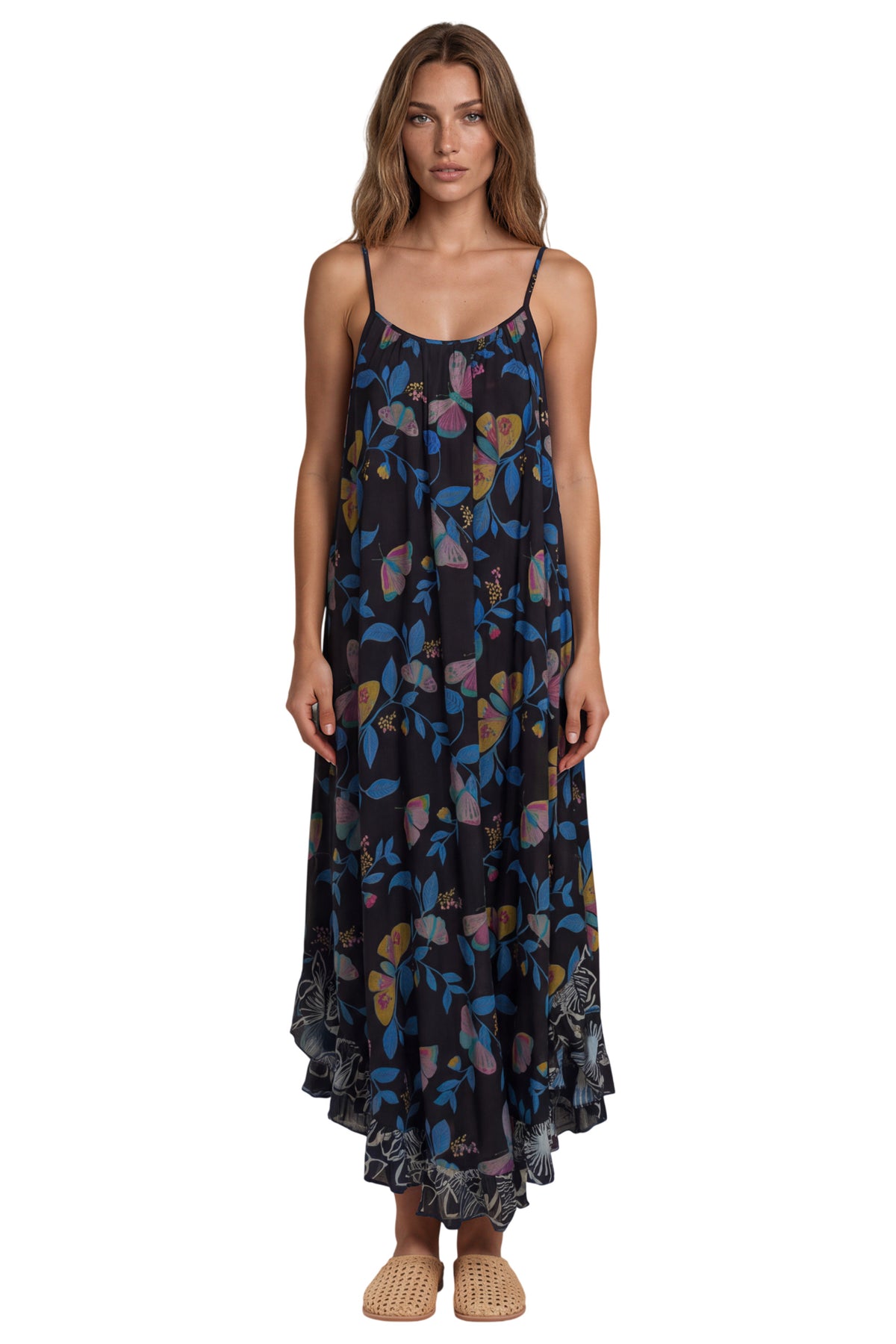 Vestido Midi De Alças Reguláveis Preto Estampado Yacamim D20