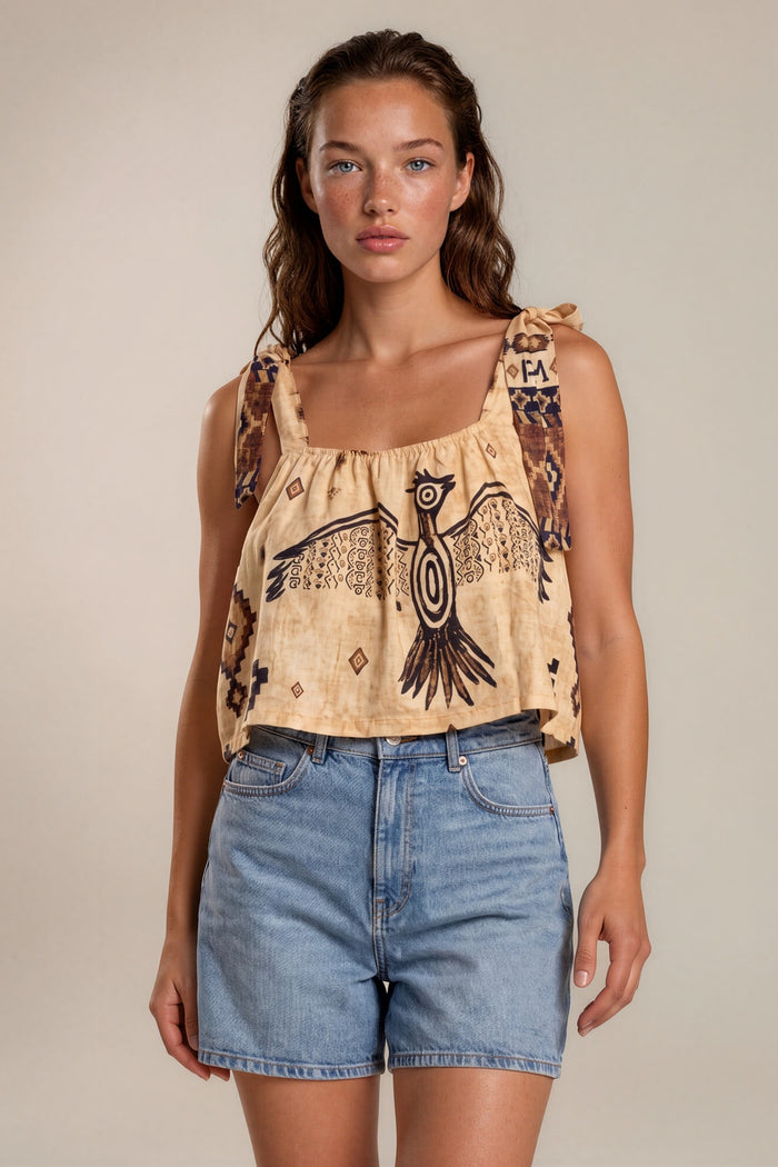 Cropped Sobreposto Bege Estampado Coleção Peru Yacamim L9