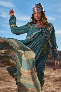 Vestido Longo Com Lurex Babados Verde Yacamim C1