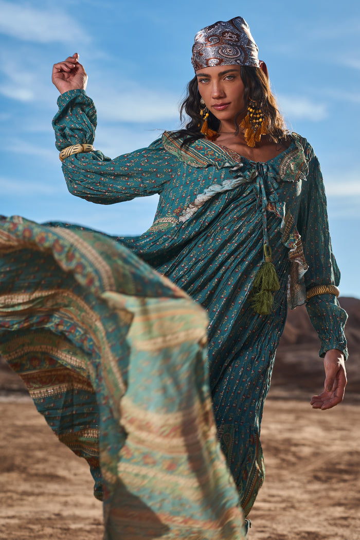 Vestido Longo Com Lurex Babados Verde Yacamim C1