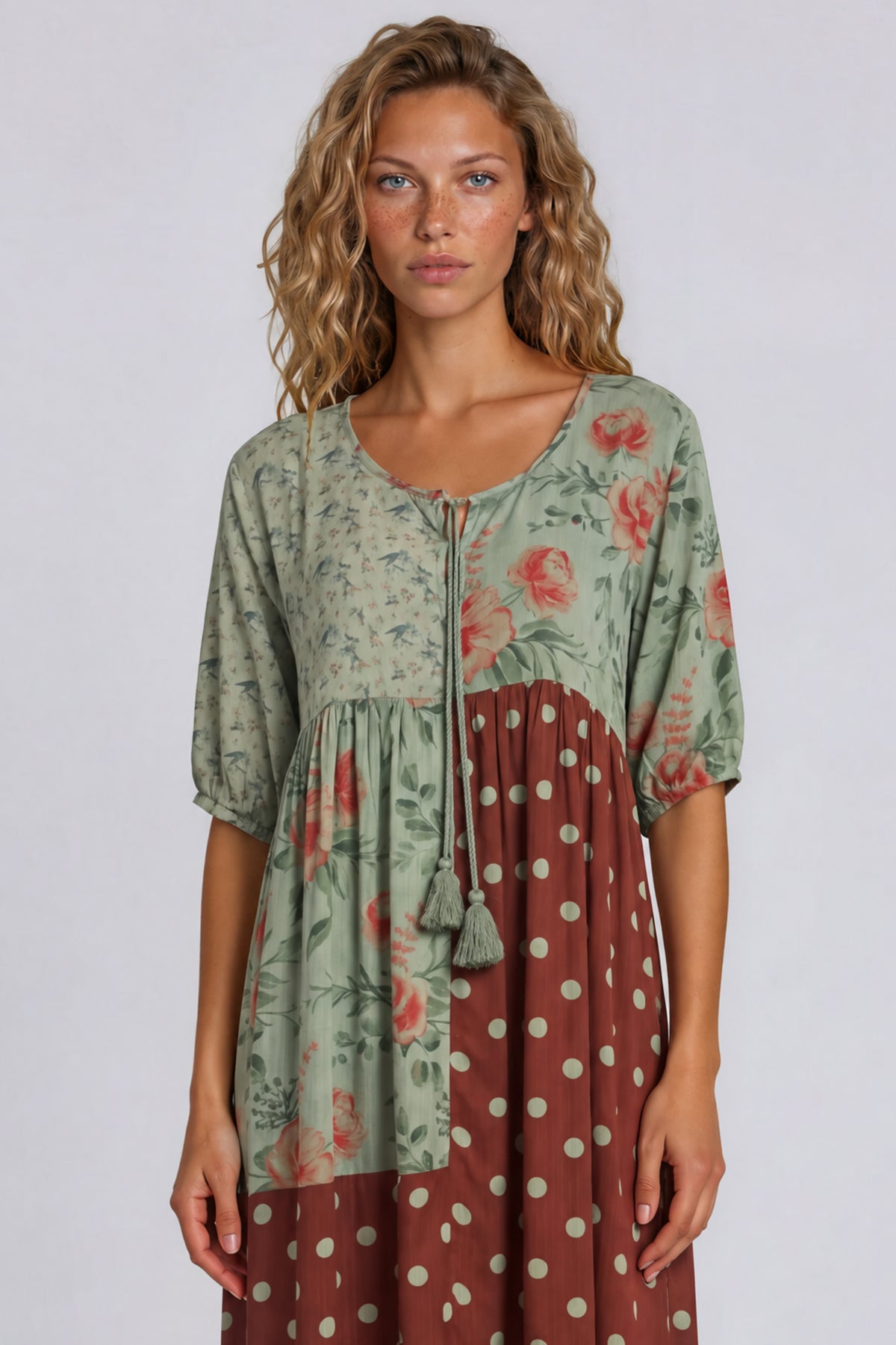 Vestido Midi Com Recortes Verde E Marrom Patchwork De Poá Yacamim E14