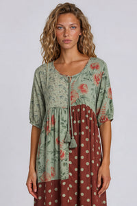 Vestido Midi Com Recortes Verde E Marrom Patchwork De Poá Yacamim E14