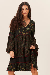 Vestido Curto Manga Longa Bufante Verde Escuro Patchwork Yacamim D31
