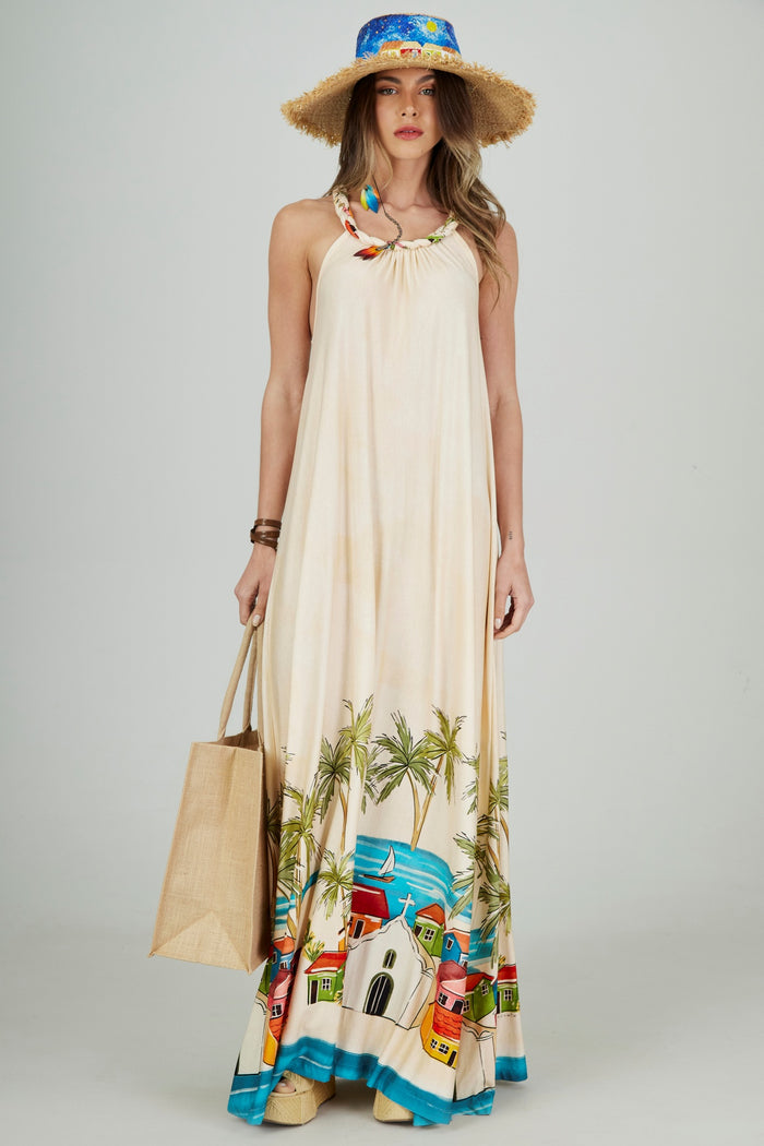 Vestido Longo Bege Trancoso Coleção Bahêa Yacamim Q6