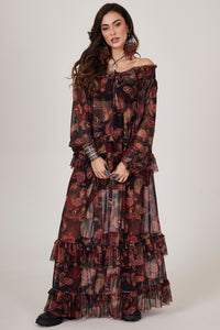 Saia Longa De Tule Preta Estampa Cashmere Yacamim A11