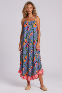 Vestido Midi De Alças Azul Petróleo Estampa De Borboletas Yacamim E6