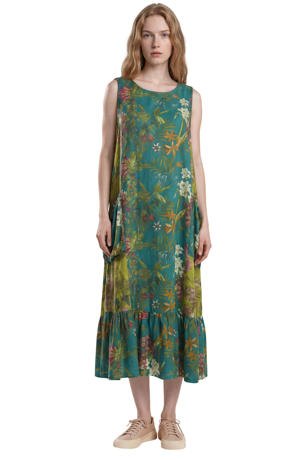 Vestido Regata Midi Com Bolsos Laterais Verde Estampado Yacamim E26