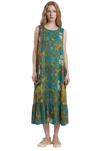 Vestido Regata Midi Com Bolsos Laterais Verde Estampado Yacamim E26