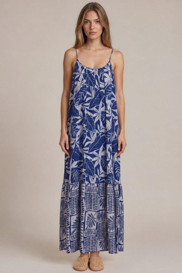 Vestido Longo Com Alças Reguláveis Azul Estampado Patchwork Yacamim E7