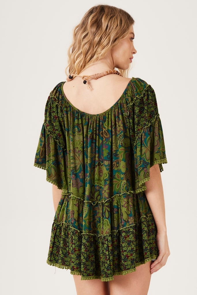 Bata Ampla Decote Ombro A Ombro Verde Patchwork Paisley Yacamim B1