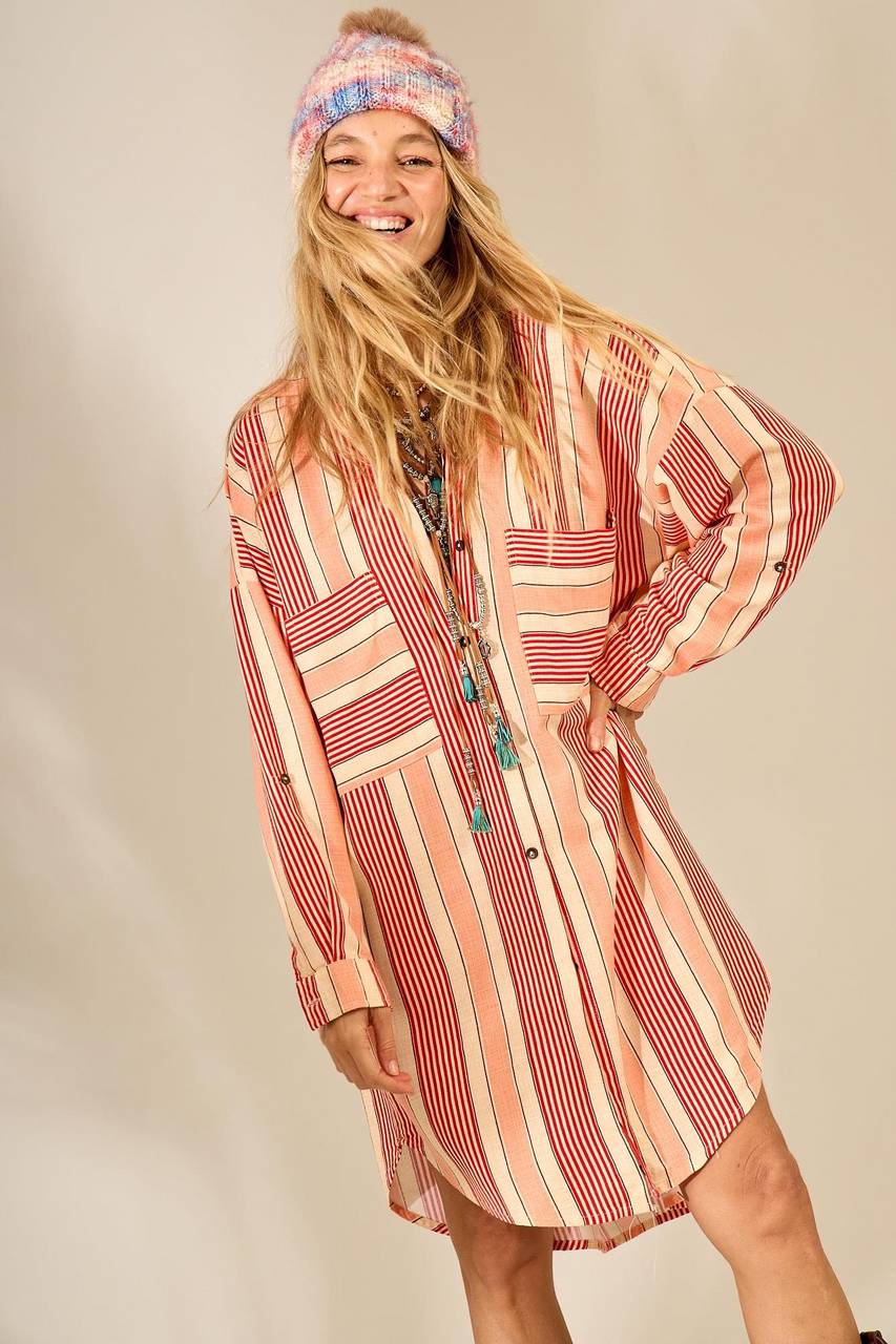 Chemise Amplo Alongado De Linho Rosé Estampado Listrado Yacamim N8