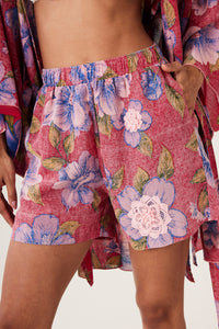 Shorts Paraty 100% Algodão Com Flores Bordadas Vermelho Floral Yacamim R7