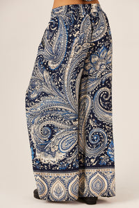 Calça Pantalona Bolsos Azul Estampa Paisley Yacamim A20