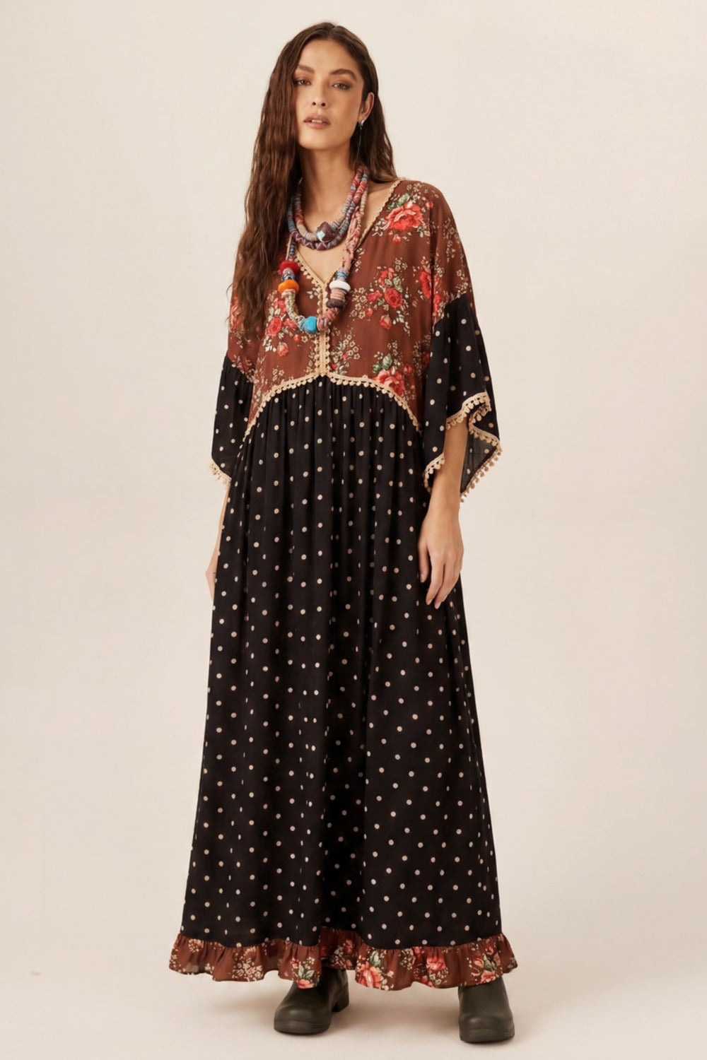 Vestido Longo Com Babados Preto E Marrom Patchwork Yacamim E7
