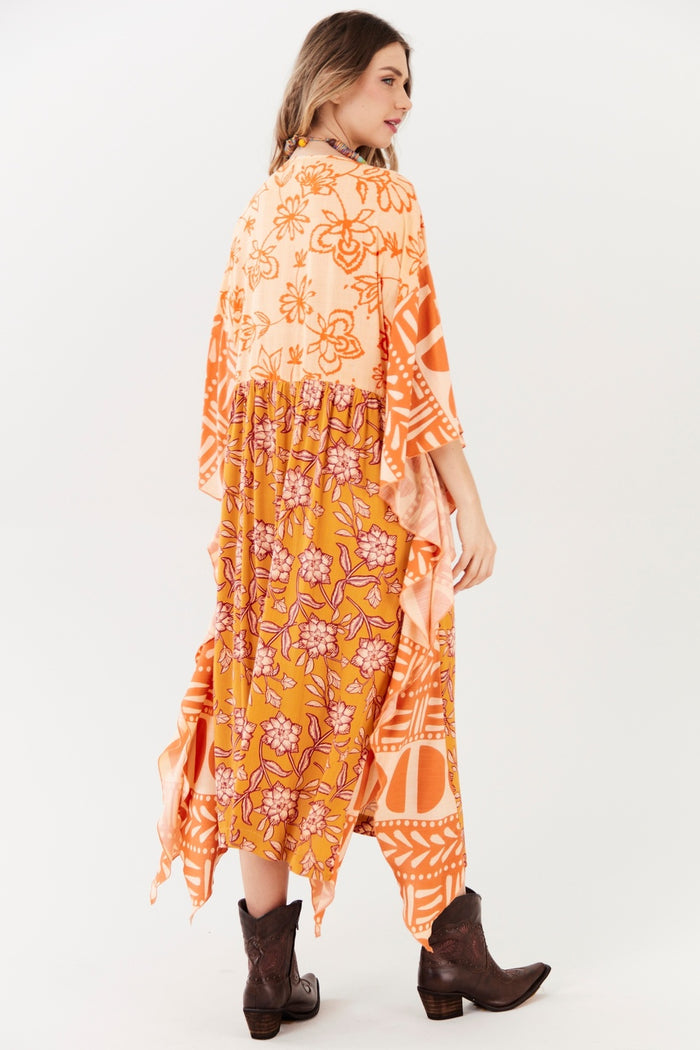Kaftan Midi Amplo Laranja Estampado Patchwork Yacamim I3