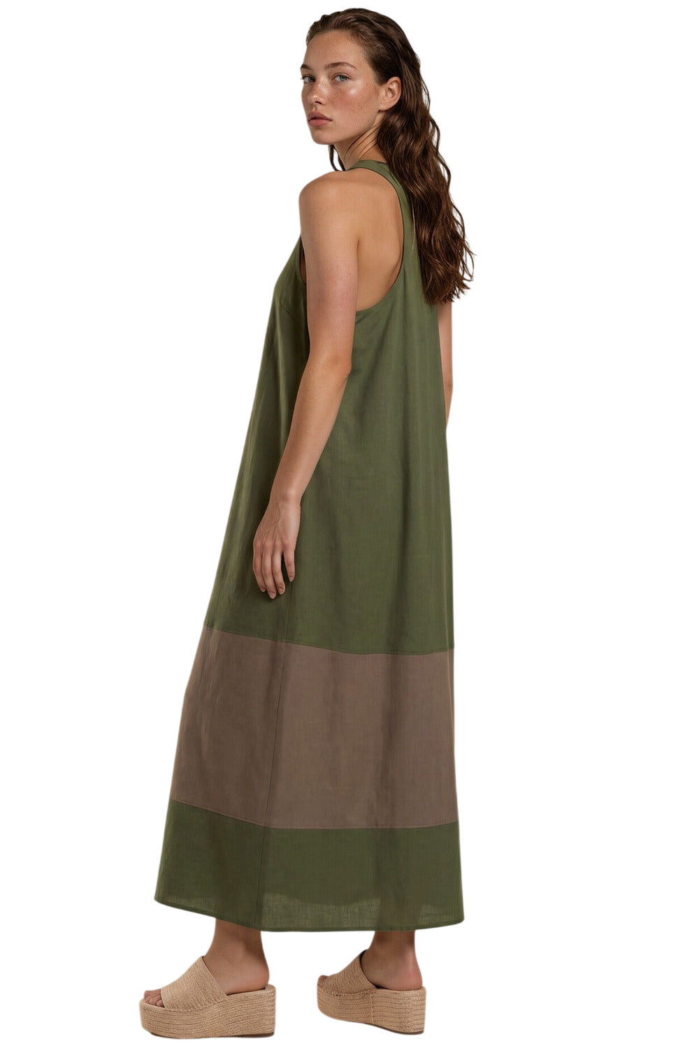 Vestido Midi Nadador Viscolinho Verde Bege Yacamim E8