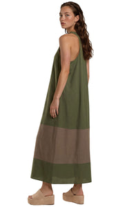 Vestido Midi Nadador Viscolinho Verde Bege Yacamim E8