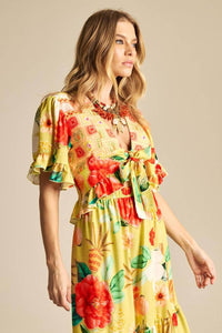 Cropped Com Amarração Na Frente E Lastex Amarelo Estampado Yacamim A8