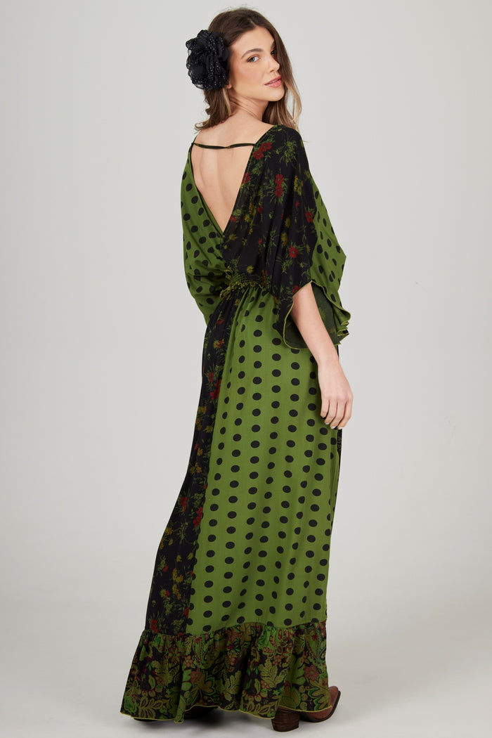 Vestido Longo Verde Estampa De Poá Patchwork Yacamim E18