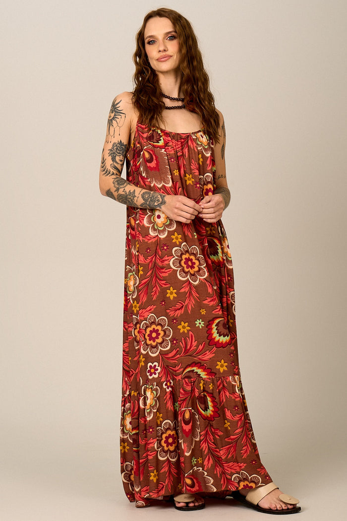 Vestido Longo Alças Reguláveis Marrom Estampado Yacamim E13