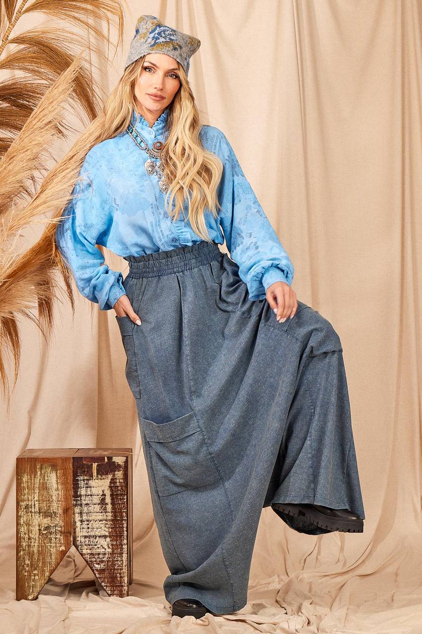 Calça Modelo Saruel De Cintura Alta Azul Mescla Yacamim H5