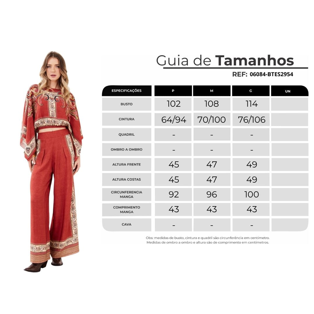 Bata Cropped Terracota Estampa Paisley Yacamim A21