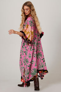 Kaftan Amplo Com Rosa Estampado Patchwork Yacamim J2