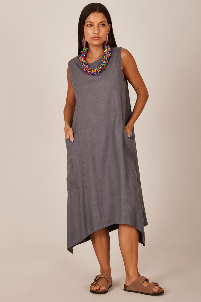Vestido Curto De Linho Regata Cinza Escuro Yacamim E8 Liso
