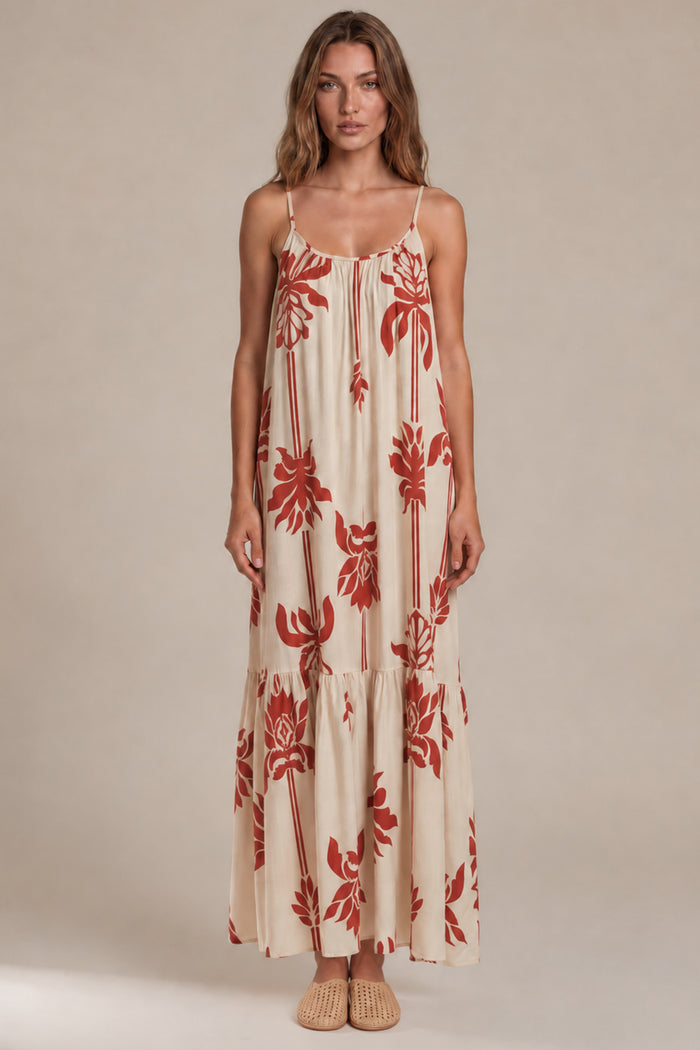 Vestido Longo Amplo De Alças Reguláveis Off White Estampado Yacamim C18