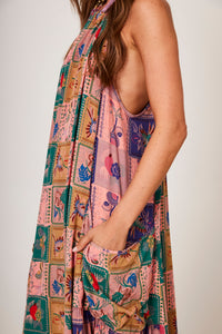 Vestido Longo Amplo Rosa Estampa Geométrica Yacamim E6