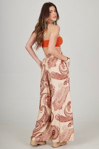Calça Pantalona Bege Estampa Paisley Yacamim A36