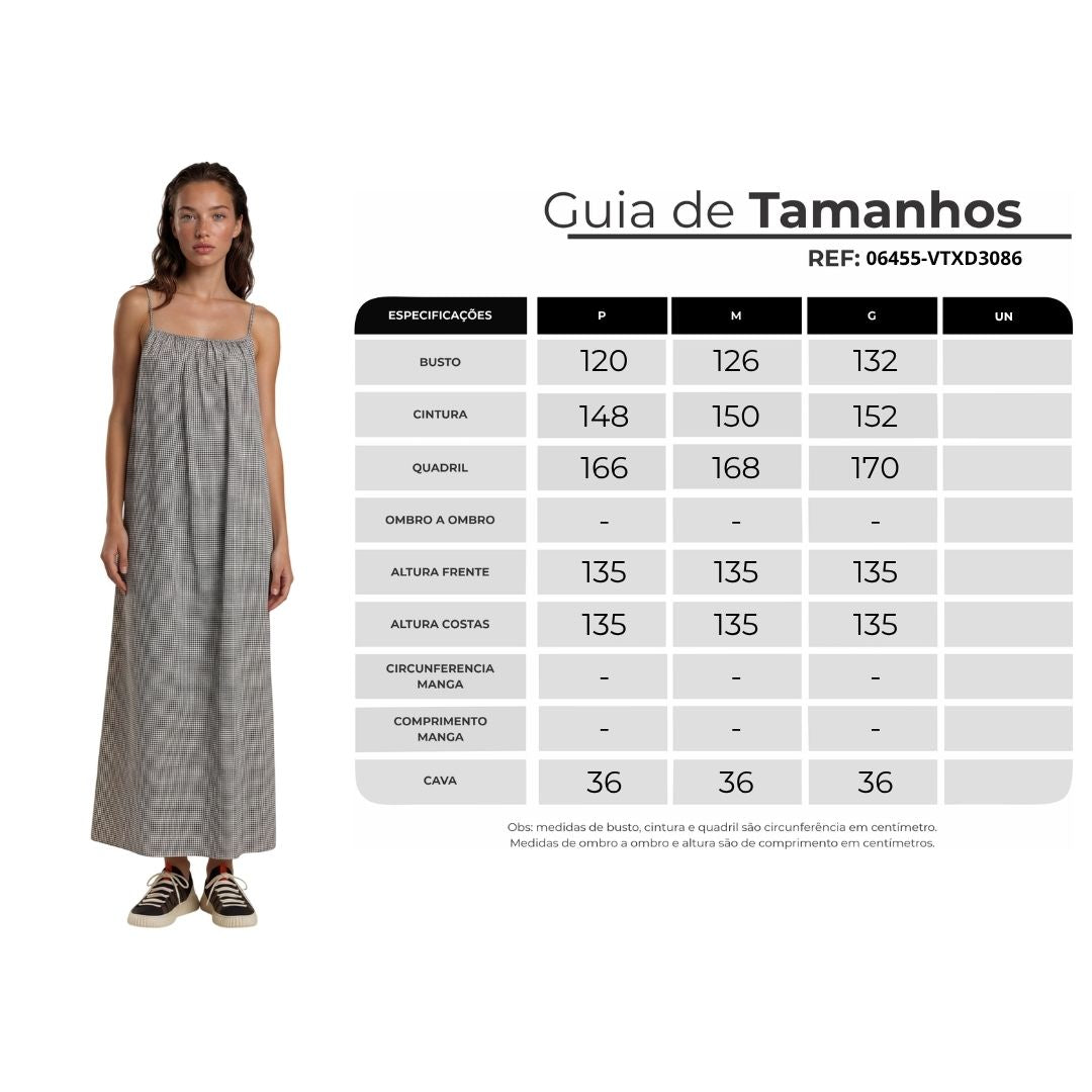 Vestido Longo Frente Única Alças Reguláveis Cinza Xadrez Yacamim D16