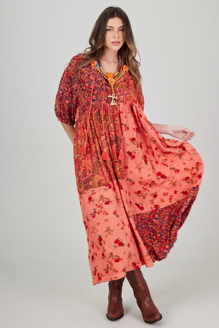 Vestido Midi Ombro A Ombro Rosa Patchwork Yacamim C19