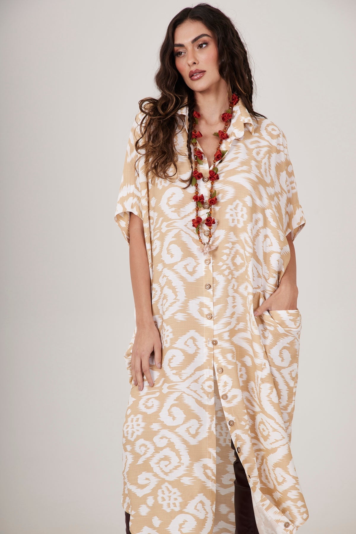 Chemise Midi Botões Mostarda Estampado Yacamim L1