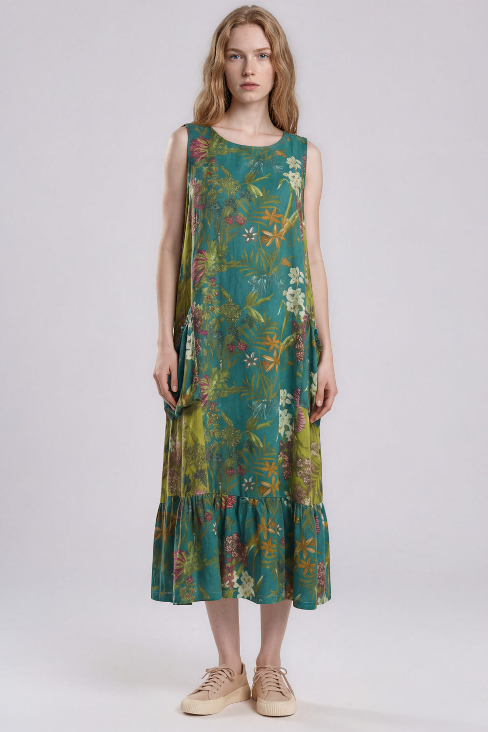 Vestido Regata Midi Com Bolsos Laterais Verde Estampado Yacamim E26