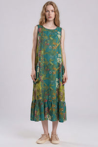 Vestido Regata Midi Com Bolsos Laterais Verde Estampado Yacamim E26