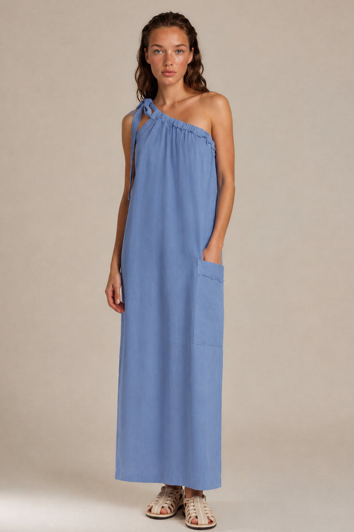 Vestido Longo Viscolinho Alça Transversal Azul Petróleo Yacamim C22
