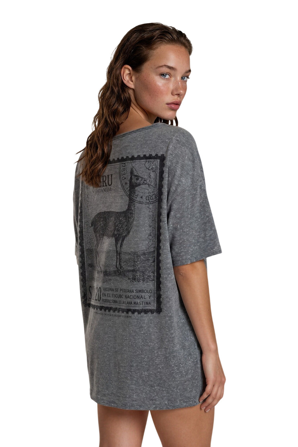 Blusa Básica Cinza Estampada Nas Costas Coleção Peru Yacamim K16