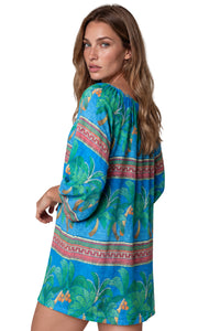 Vestido Curto Decote Ombro A Ombro Azul Estampado Coleção Maracá Yacamim D21