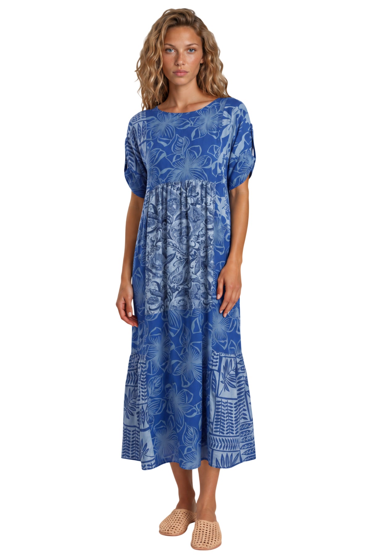 Vestido Midi Com Mangas Curtas Azul Patchwork Yacamim E24