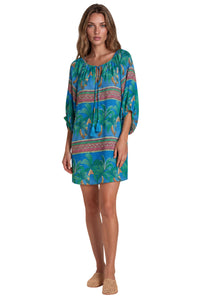 Vestido Curto Decote Ombro A Ombro Azul Estampado Coleção Maracá Yacamim D21