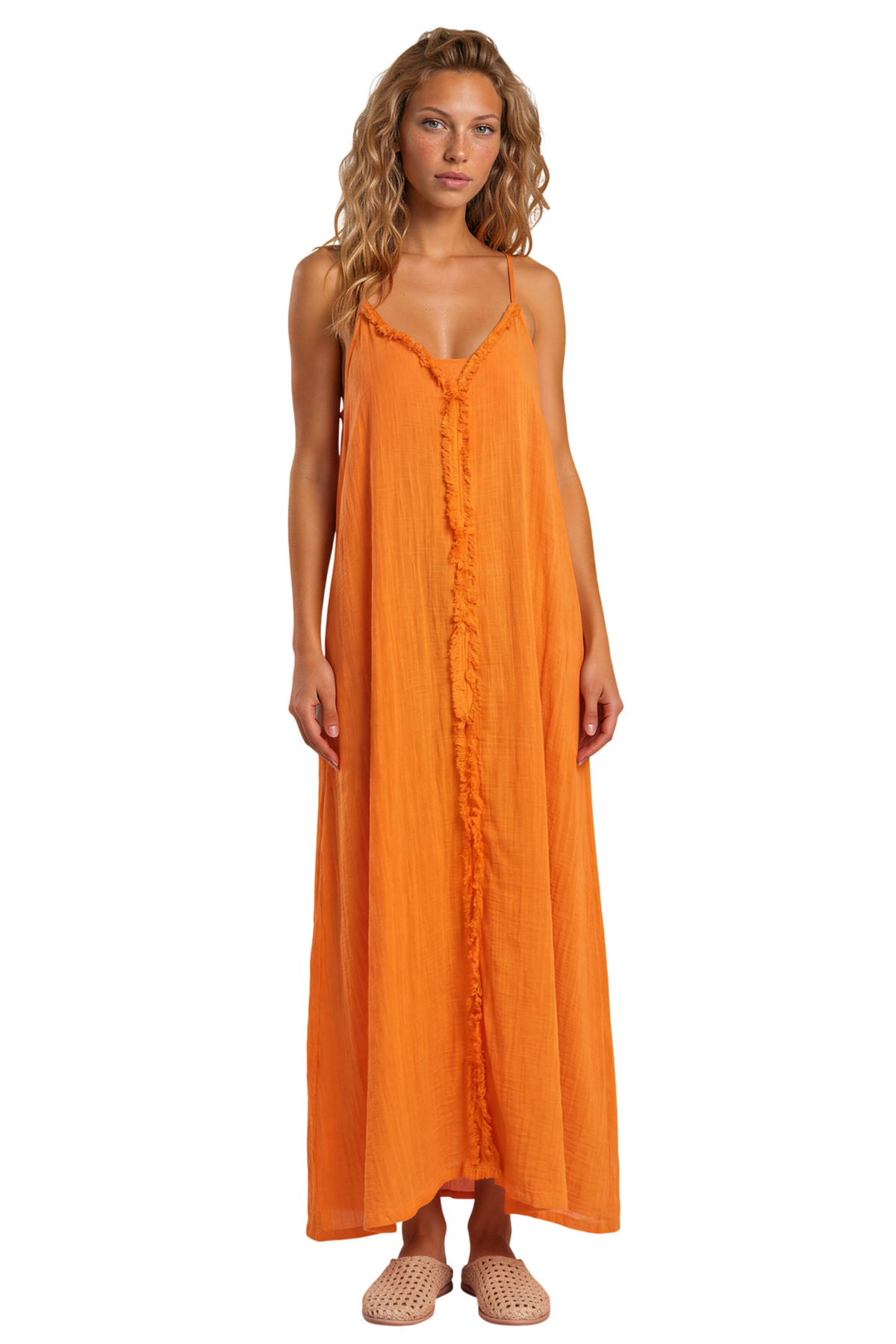 Vestido Longo De Alças Reguláveis Com Franjinhas Laranja Yacamim E11