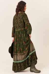 Vestido Longo Verde Escuro Patchwork Yacamim C20